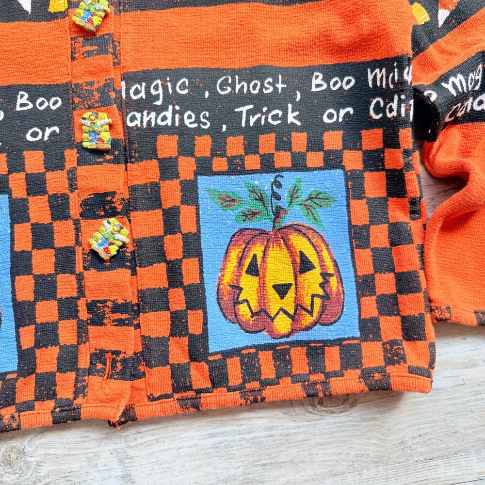 Vintage Halloween Sweater Cardigan Medium Pumpkin Candy Corn Trick or Treat 90s - Picture 4 of 12
